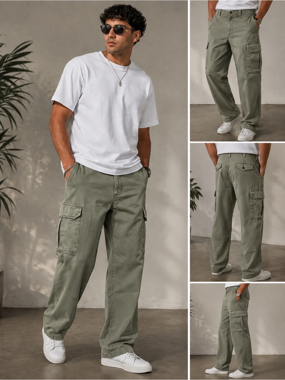 Men’s Olive Cargo Utility Pants Straight Leg Cotton Hiking Outdoor 36x34